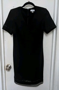 Calvin Klein Little Black Dress 2 Short Sleeve Lace Trim V-Neck Classic - Picture 1 of 6