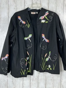 Quaker Factory Women’s Jacket 1X Black Embroidered  Dragonfly Zip Boho Garden - Picture 1 of 15