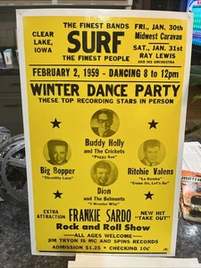 Póster de concierto de salón de surf Buddy Holly Big Bopper reproducción vintage - Imagen 1 de 4