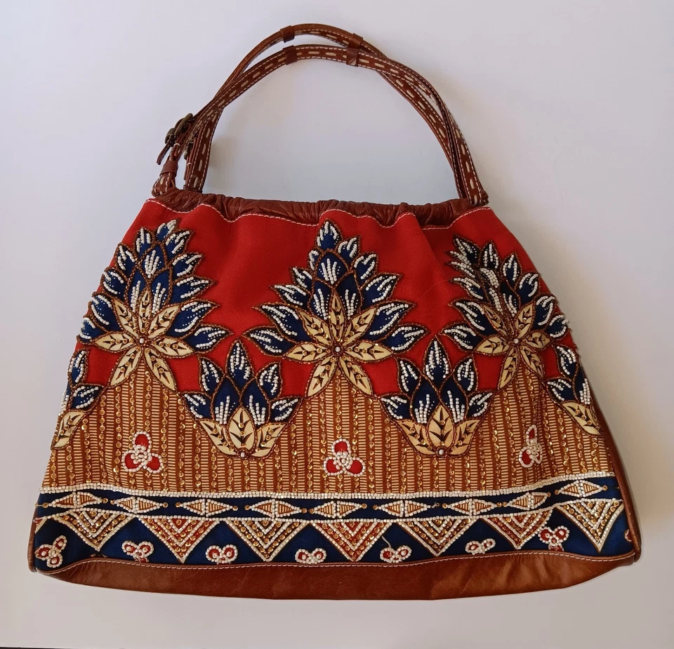 Isabella Fiore Vintage Red and Brown Floral Embroidered Beaded Handbag Boho - Image 1 of 4
