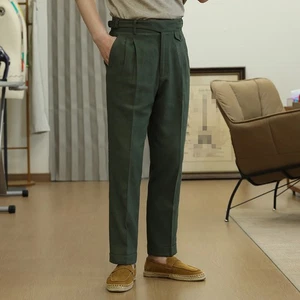 Men's Gurkha Pants Adjustable Waist Trousers Slim Suit Pants Linen/cotton Green - Picture 1 of 12