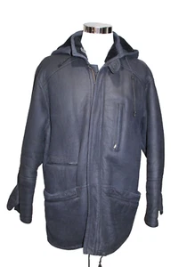 Vintage Lammfellmantel Herren 48" Brustumfang schwarz Kapuze Lammfell Reißverschluss vorne Größe 44 WARM - Bild 1 von 14