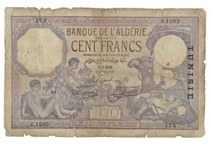 TUNISIA TUNISIE BANQUE DE L'ALGERIE 100 Cent Francs 1933 6-5-1933 P.10a - Picture 1 of 2