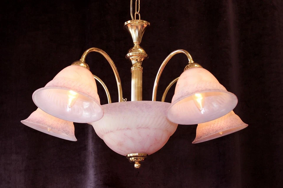 16" x 26" Vintage 70's Pink & Lavender Purple Italian Glass Shade Chandelier, - Image 1 of 1