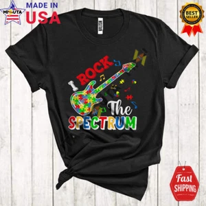 I Rock The Spectrum Autism Awareness Puzzle Pieces Rock Guitar Guitarist T-Shirt - Picture 1 of 3