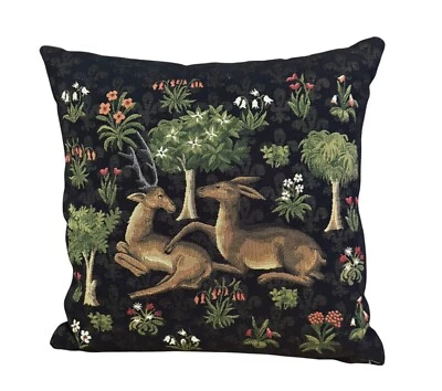 Two Playful Deer Belgian Forest Jacquard Woven Tapestry Pillow Cushion ZIP Cover - Image 1 of 4