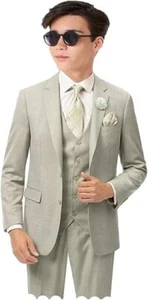 Boys Linen Suit Boys 3 Piece Vest Suit Boy Formal Suit Set Tuxedos for Kids Prom - Picture 1 of 33