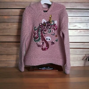 Miss Chievous Sweater Girls Pink Large Fleece Sequin Unicorn Plush Sherpa Hooded - Picture 1 of 9