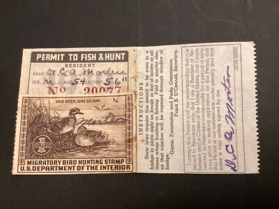 ICOLLECTZONE US RW6 1939 Federal Duck Stamp on Nebraska License - Image 1 of 2