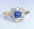 Antique Art Deco 18ct Gold, Platinum, Princess Sapphire & Diamond Ring, Size M