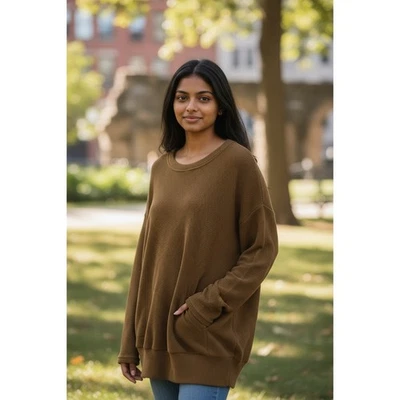 Suéter Suéter Free People Beach Bandas Marrón Chocolate Bolsillos Talla Grande Foto 1 de 4