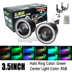 Pair 3.5inch RGB LED COB Projector Fog Light with Green Angel Eyes Halo Ring DRL - Picture 1 of 11