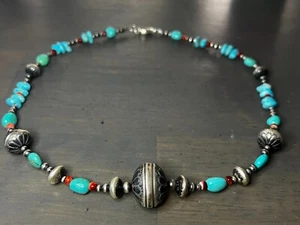 Handmade Navajo Pearls by Michelle Jameson Turquoise & Spiny Oyster SS Necklace - Picture 1 of 8