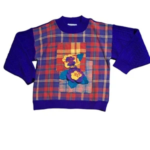 Vtg 3D Cable Knit Girls L Purple Sweater Plaid Floral 90s Made In USA Retro - Picture 1 of 9