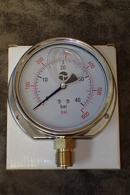 WIKA 4" Pressure Gauge 1/2"BSP Bottom, 600 PSI Glycerin Filled SS Back (BN89) - Image 1 of 4