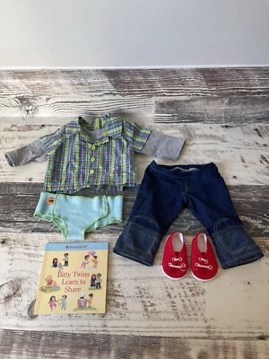 American Girl BITTY TWINS Doll Boy PLAID & DENIM Meet Outfit - Complete w Book - Image 1 of 4