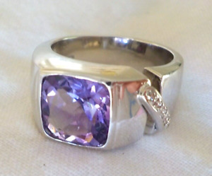 Heavy 18K White Gold Solitaire Amethyst Diamond Ring -10.3 gms, Sz 6.25, 2.53 ct