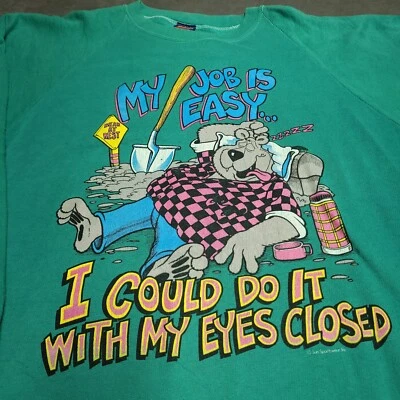 Vtg 90s Sun Sportswear 3XL Dad Grandpa Easy Job Eyes Closed Bear Sweatshirt USA - Image 1 of 4