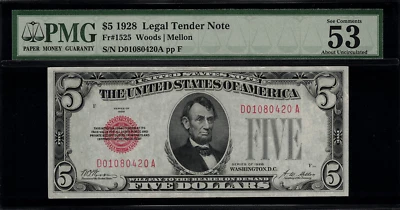 1928 $5 Legal Tender FR-1525 - RARE! DA Block - Graded PMG 53 EPQ - Image 1 of 2