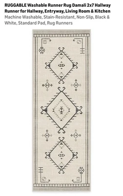 Alfombra de corredor Damali resistente 2x7 geométrica boho nativa negra blanca  Foto 1 de 4