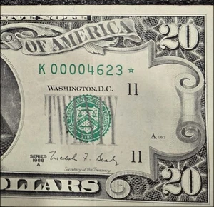 $20 1988A Federal Reserve Note Dallas Star Note Low Serial Numbers 00004623 - Picture 1 of 3