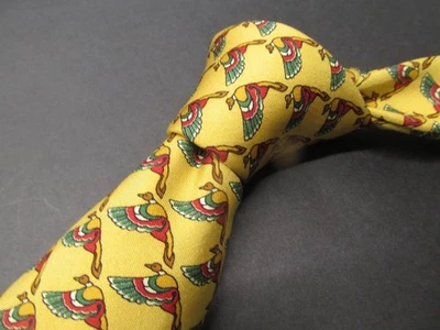 Salvatore Ferragamo Silk Neck tie Tie Yellow Geometric Flying Ducks Italy Y31 - Image 1 of 4