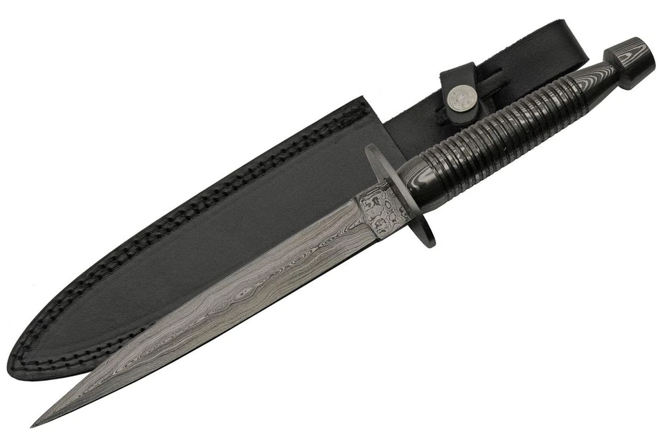12.5" Damascus Steel Commando Dagger SZCO SUPPLIES - Black Leather Sheath DM-... - Image 1 of 1