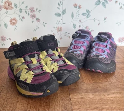 Par de 2 Zapatos de Senderismo Keen Niños EE. UU. Talla 8 Sin Cordones Bungee Púrpura Amarillo Foto 1 de 4
