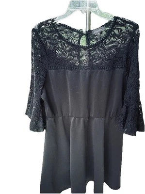 Vestido Luxology XL Negro Manga 3/4 Gasa Encaje Hasta la Rodilla Manga Campana Foto 1 de 4