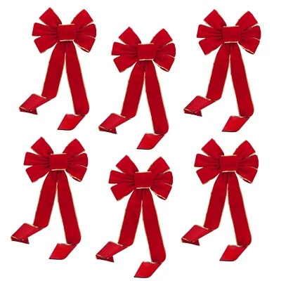 6 Classic Christmas Red Wreath 10" Bows - Velvet Gold Edge Holiday Decorations - Image 1 of 4