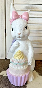 12" Sweet Treats Easter Bunny Girl with Pink Bow with Cupcake Figure Statue - Picture 1 of 4