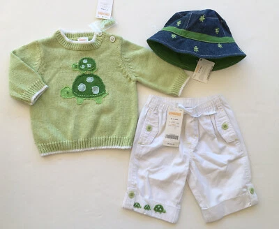 NWT Gymboree Turtle Crossing 3-6 Month Green Sweater White Pants Reversible Hat - Image 1 of 3