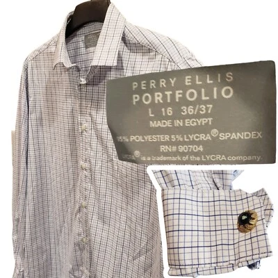 Camisa Perry Ellis blanca y azul a cuadros a cuadros a cuadros elástica manga larga 16 36/37 Foto 1 de 4