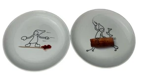 CB 2 Crate Barrel round appetizer  plates Sammy Reindeer and Skier - Picture 1 of 4