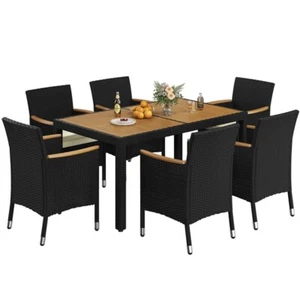 7PCS Outdoor Dining Set Rattan Patio Furniture Outdoor Table W/6 Chairs, Black - Picture 1 of 12