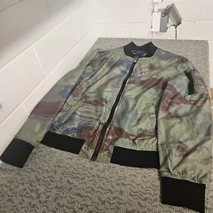 GUESS JEANS Jacket Mens Medium Black Green Full Zip Pockets Camouflage - Picture 1 of 9