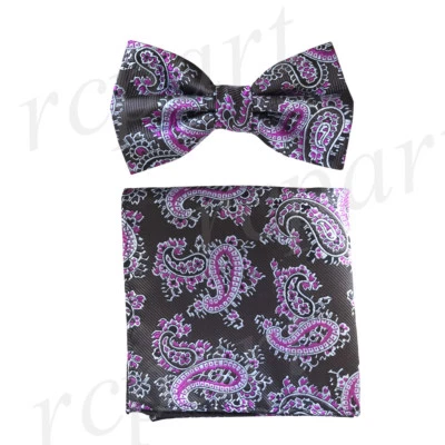 Nuevo Pajarita y Pañuelo Para Hombre Microfibra Pre-atado Gris Oscuro Púrpura Paisley Formal  Foto 1 de 3
