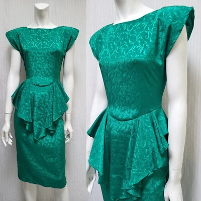 Vintage 1980s ZUM ZUM Shiny Green Satin Jacquard Peplum Dress - Size XXS/XS -EUC - Image 1 of 4