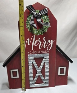Merry Christmas Red Barn Buffalo Ribbon w/ Metal Door Wall Hanging 11.5"L 9"W - Picture 1 of 4