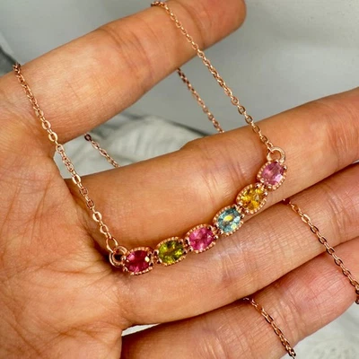 925 Sterling Silver Necklace 4x3mm Natural Tourmaline Gemstone Colorful Jewelry - Image 1 of 4