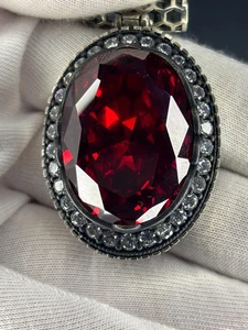 Handmade Sterling Silver Ruby Pendant Necklace: Moissanite Halo, Vintage Style - Picture 1 of 6