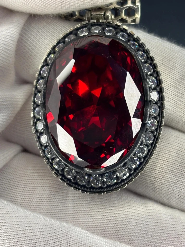 Handmade Sterling Silver Ruby Pendant Necklace: Moissanite Halo, Vintage Style - Image 1 of 4