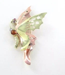 14KT SOLID YELLOW & ROSE GOLD PIN BUTTERFLY 1 GENUINE DIAMOND RUBIES RUBY JEWEL - Picture 1 of 1