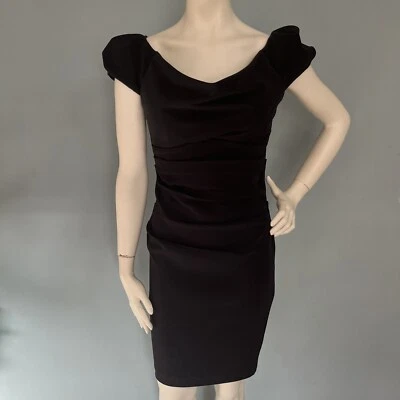 Dina BAR-EL Black Cocktail Dress Cowl Neck Puff Sleeve Ruched Knee Length Sz Sm - Image 1 of 4