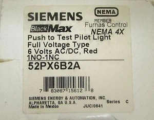 SIEMENS FURNAS 52PX6B2A 6 Volt AC DC RED Push to Test Black Max Pilot Light - Picture 1 of 4