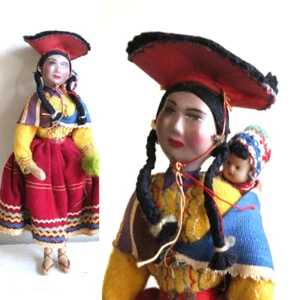 Handmade Vintage 1950s Peruvian Mother Baby Doll Weaver Wool Felt Made in Peru - Picture 1 of 7
