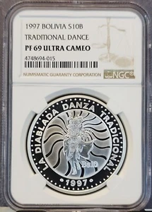 1997 BOLIVIA SILVER 10 BOLIVIANOS TRADITIONAL DANCE NGC PF 69 ULTRA CAMEO SCARCE - Picture 1 of 3