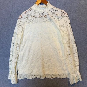 Adrianna Papell Lace Blouse Medium Cream Ruffle Neck All Over Lined Long Sleeve - Picture 1 of 10