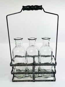 Shabby Chic Farmhouse 3 Small Glass Vases In Metal Carry Wood Handle Basket - Picture 1 of 9