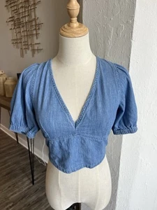 Topshop Denim Short Sleeve Crop Top Lace Up Small 6 - Picture 1 of 4